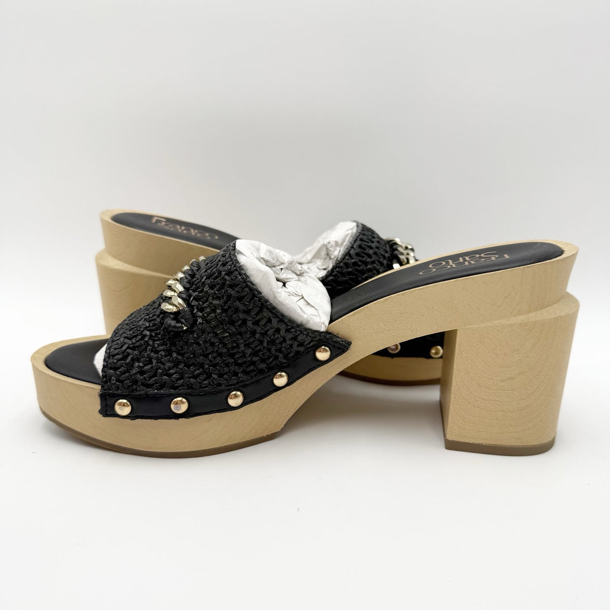 Franco Sarto Womens Capri Dressy Heeled Sandals Size 8 M Black Natural Wood NIB