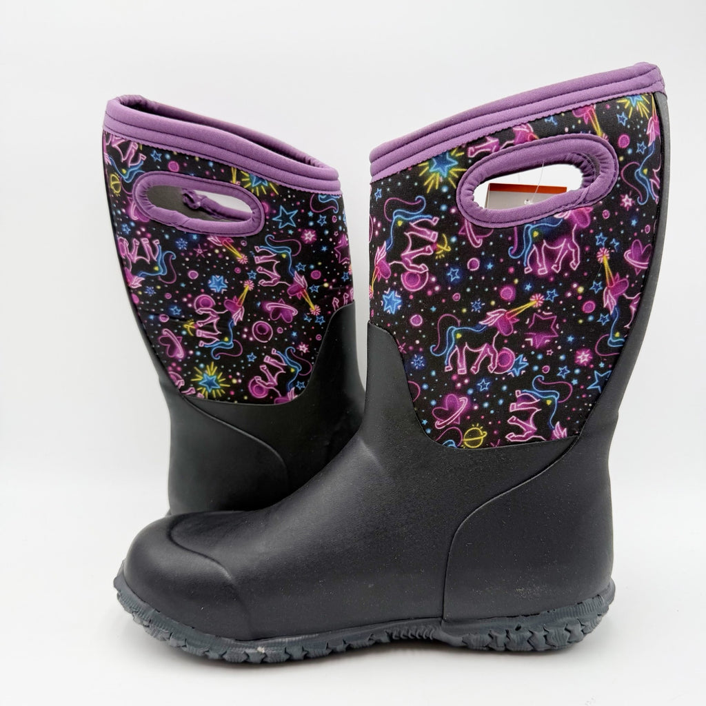Bogs Girls York Rain Boots Size 5 Black Purple Neon Unicorn Waterproof NWOB