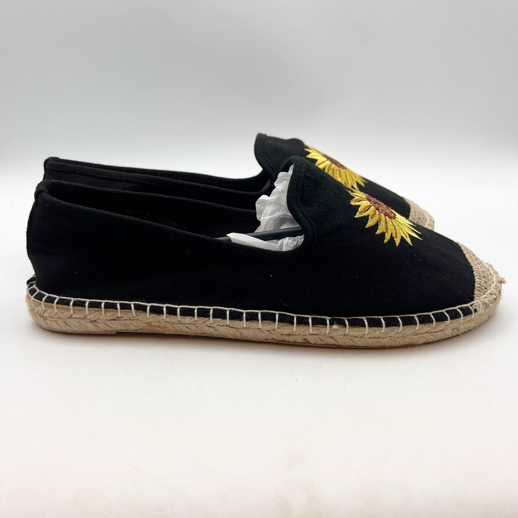 Coldwater Creek Womens Espadrille Flats 8.5 Wide Black Canvas Sunflower NIB