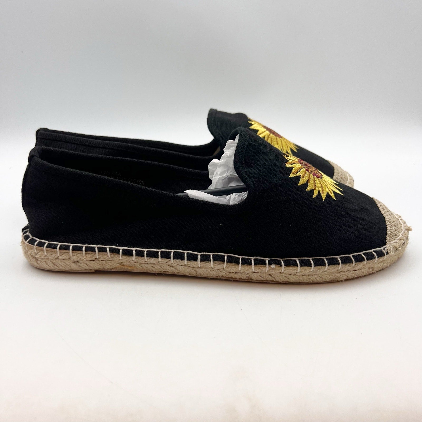 Coldwater Creek Womens Espadrille Flats 8.5 Wide Black Canvas Sunflower NIB