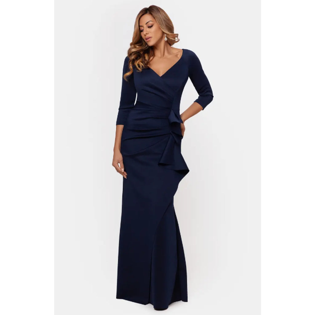 XSCAPE Women's Ruched Scuba Ruffle Gown Size 8 Midnight Blue 3/4 Sleeves NWT