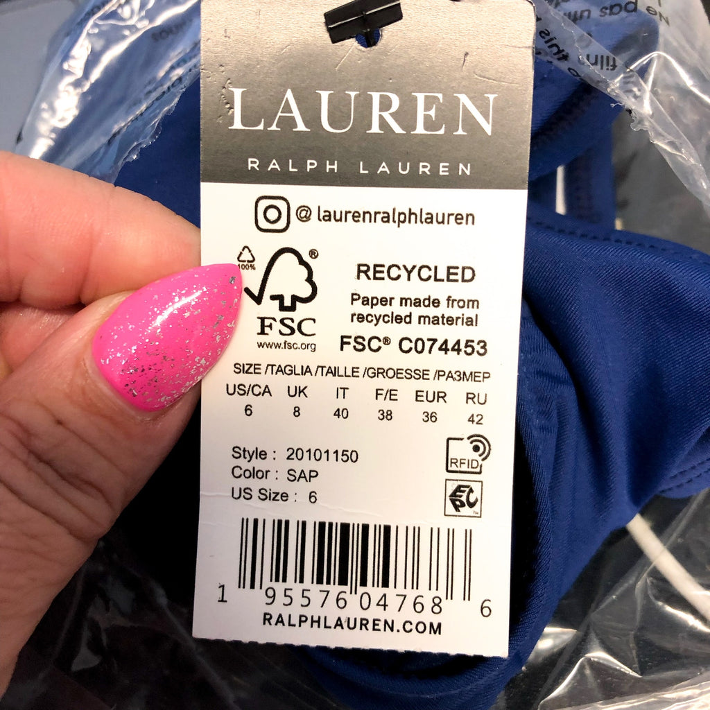 LAUREN RALPH LAUREN Hipster Bikini Bottom Size 6 Navy Blue Shirred Side Tab NWT