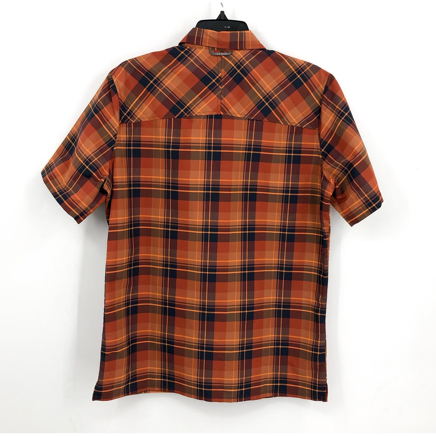 L.L.BEAN Mens Short Sleeve Shirt Small Orange Blue Plaid SunSmart Cool Weave NWT