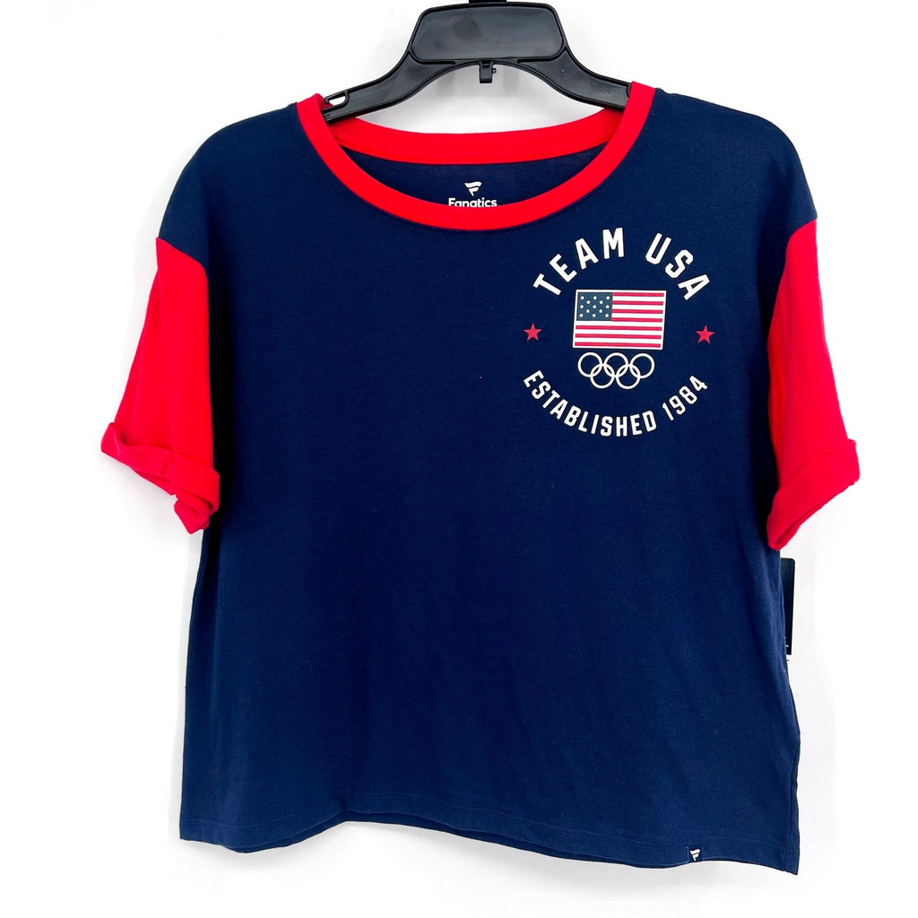 FANATICS Womens Team USA Circle Badge Cropped T-Shirt LARGE Navy Blue Red NWT