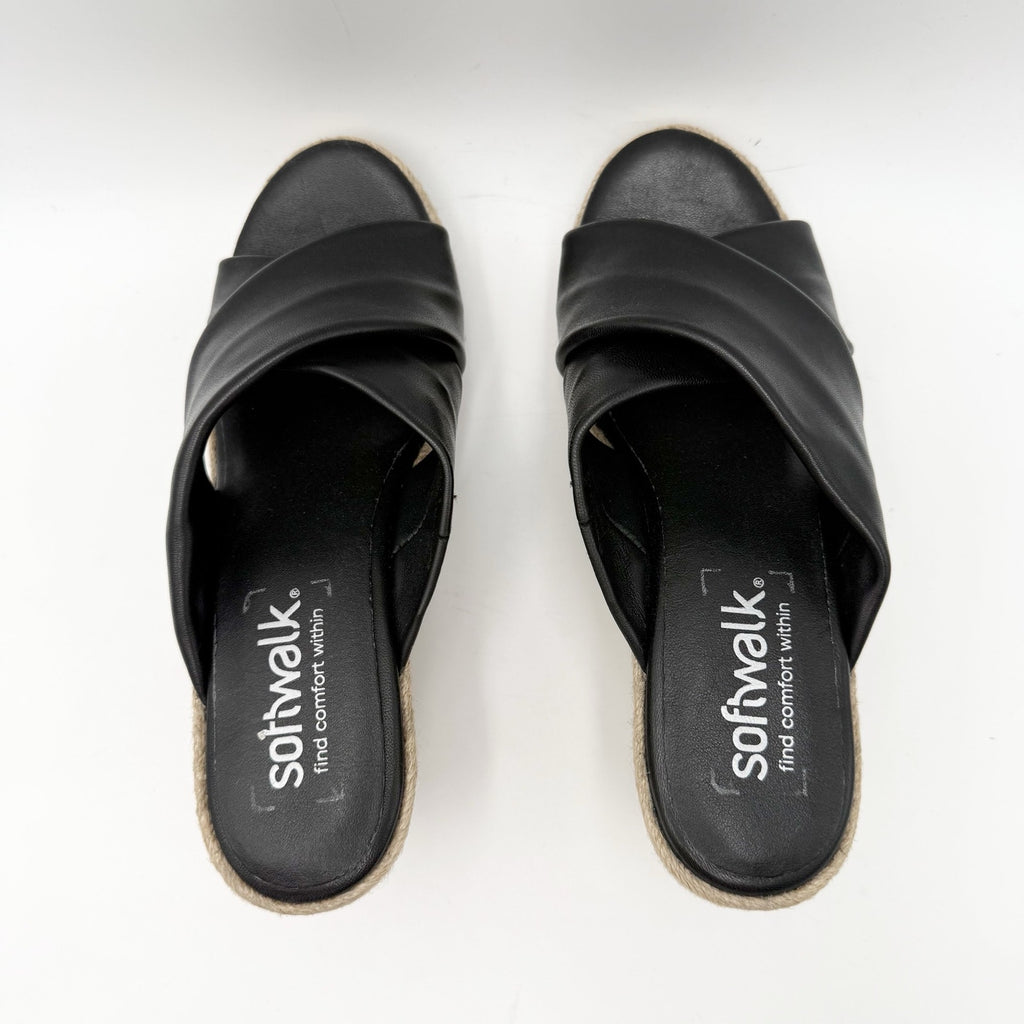 SoftWalk Womens Halsey Wedge Sandal Size 7.5 NARROW Black Leather Espadrille NIB