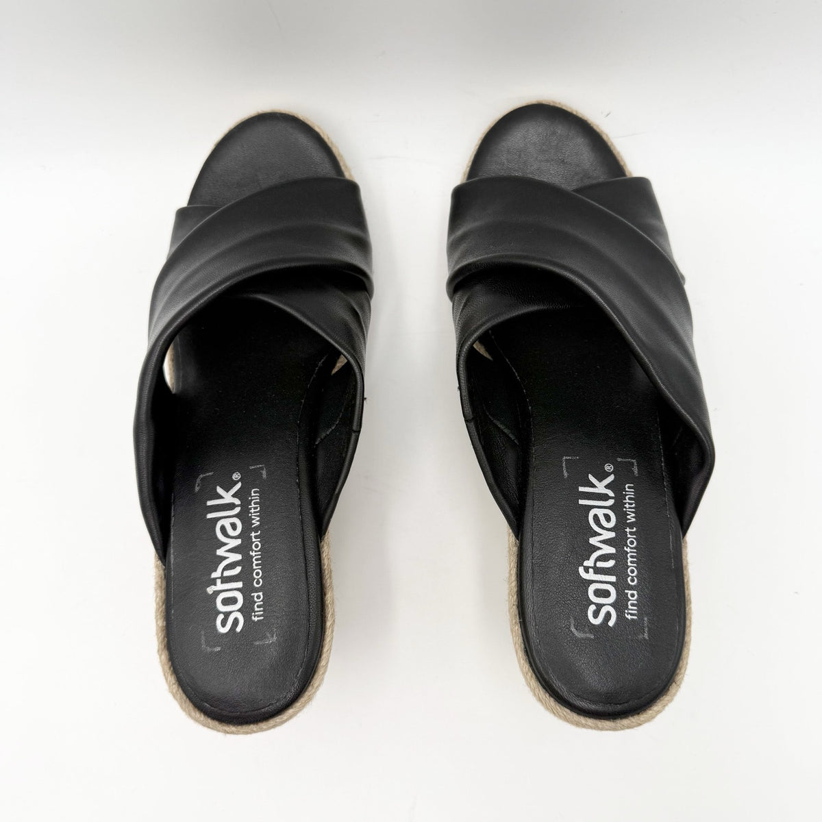 SoftWalk Womens Halsey Wedge Sandal Size 7.5 NARROW Black Leather Espadrille NIB