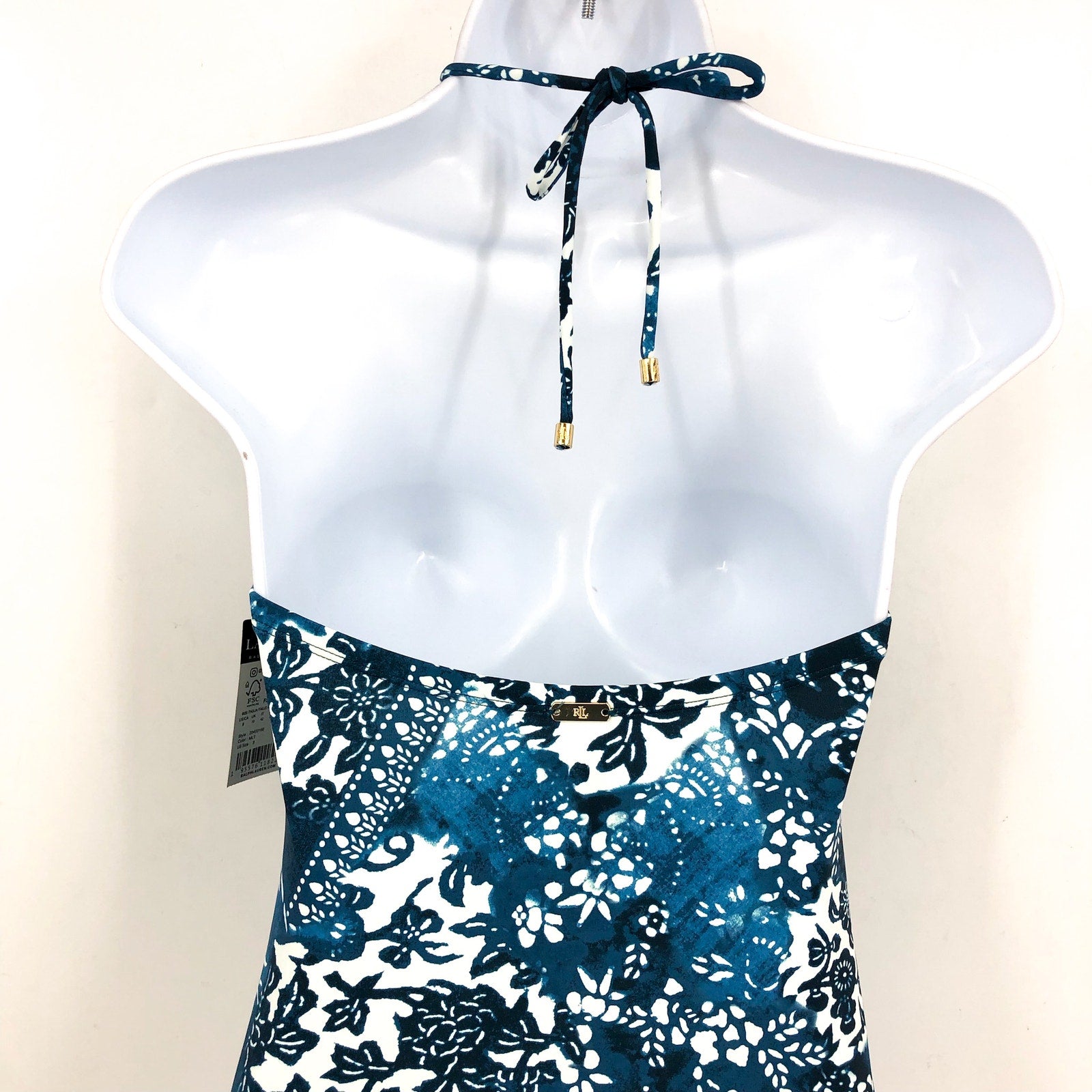 LAUREN RALPH LAUREN Halter Bandeau One Piece Swimsuit 10 Blue Patchwork NWT