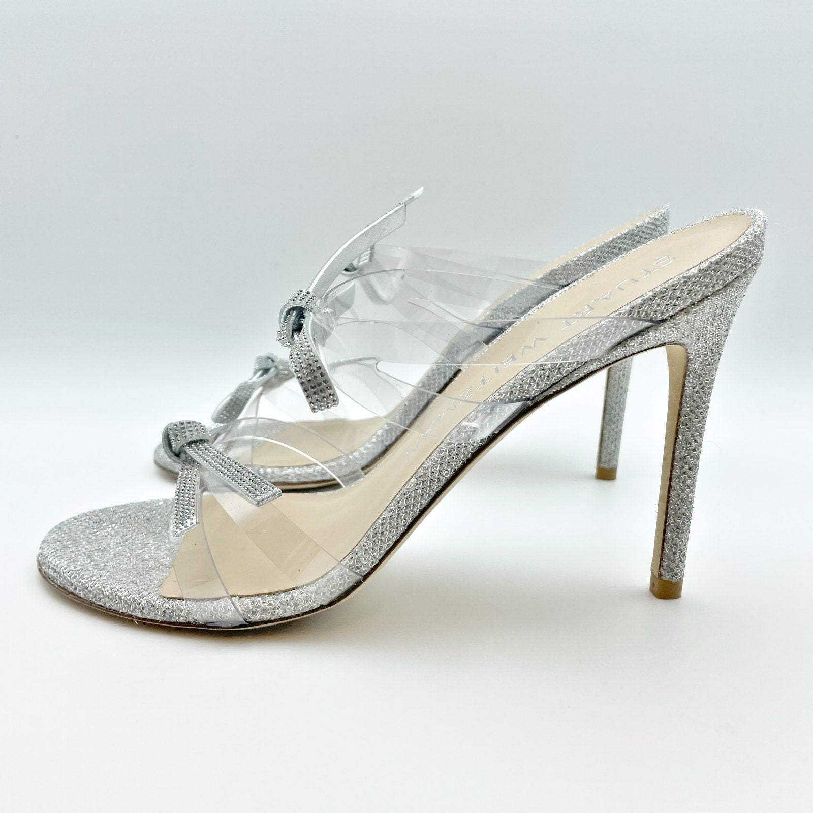 Stuart Weitzman Womens Bow 100 Slide Heel Sandals US 8 M EU 38.5 Silver NWOB