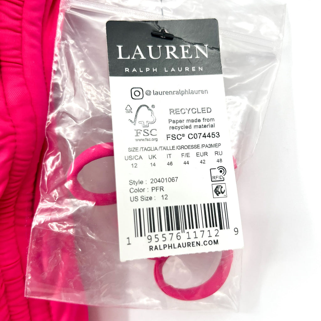 LAUREN RALPH LAUREN Bandeau One Piece Swimsuit Size 12 Pink Beach Club Ruche NWT