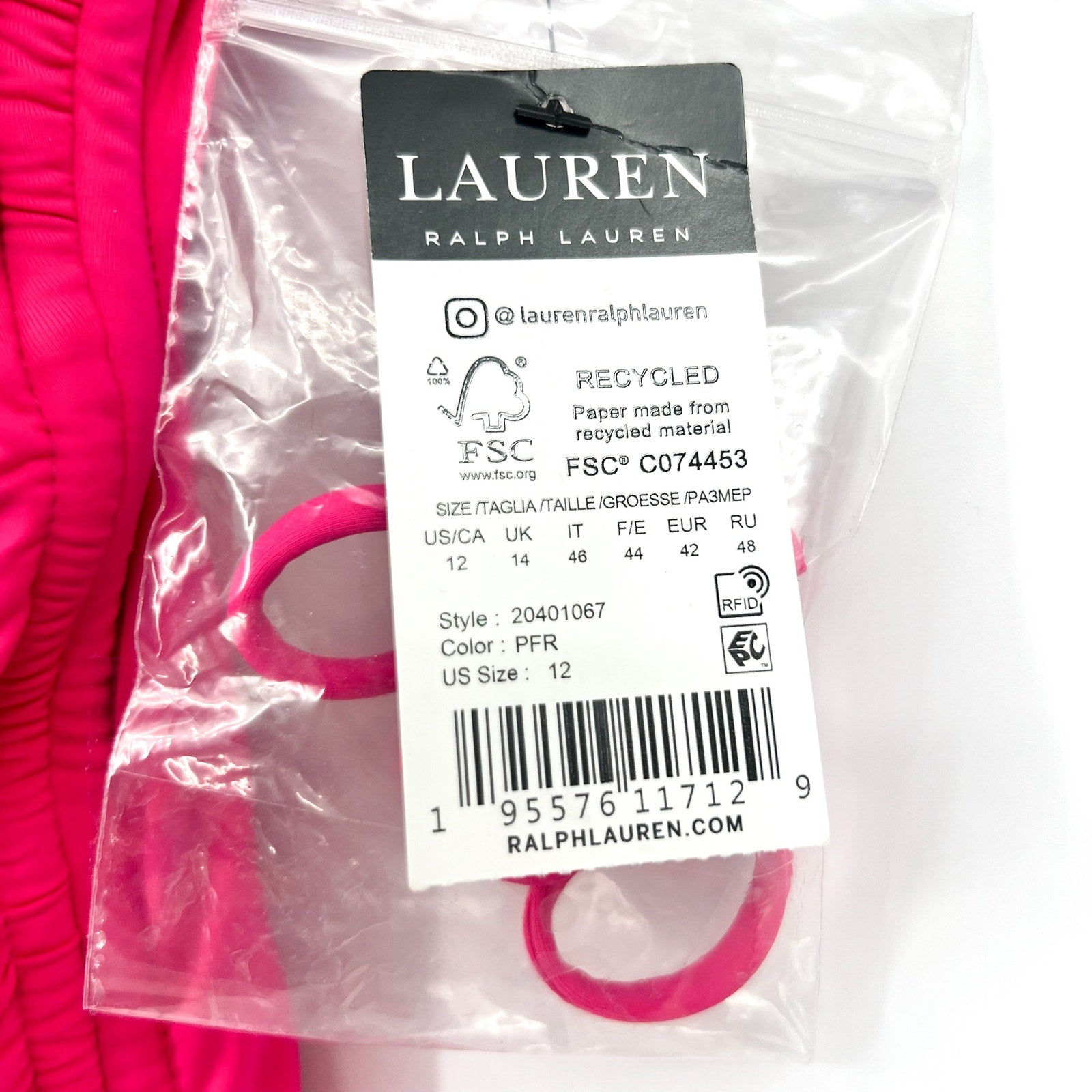 LAUREN RALPH LAUREN Bandeau One Piece Swimsuit Size 12 Pink Beach Club Ruche NWT