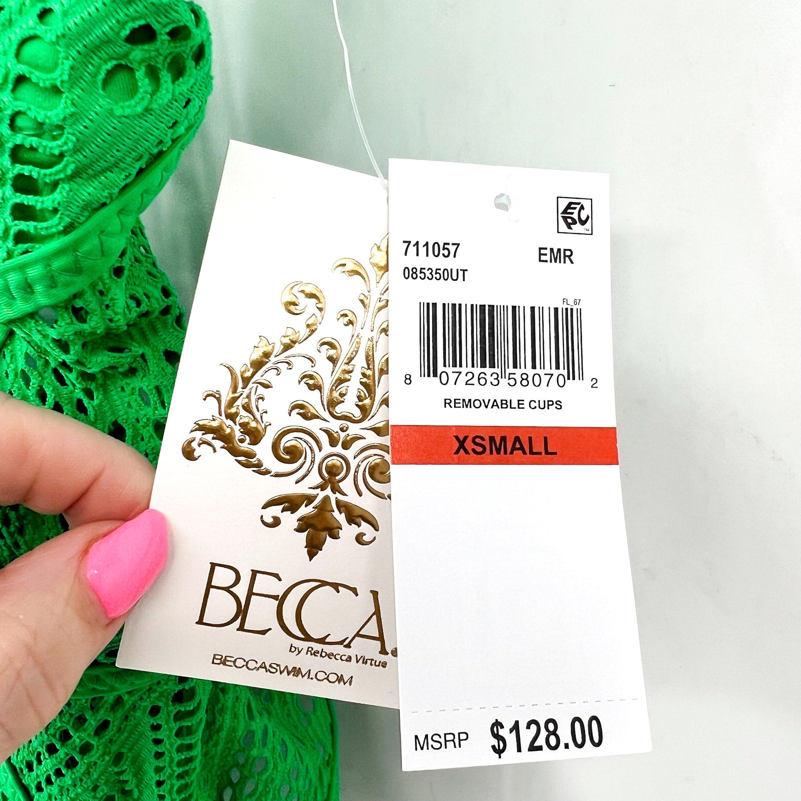 BECCA Women's Crochet Plunge One Piece Swimsuit XS Emerald Green Color Play NWT