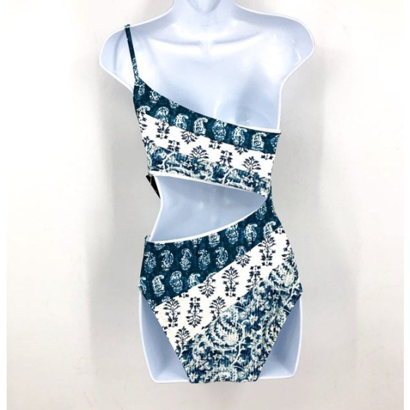 Lauren Ralph Lauren One Shoulder One Piece Swimsuit Size 10 Blue White Print NWT