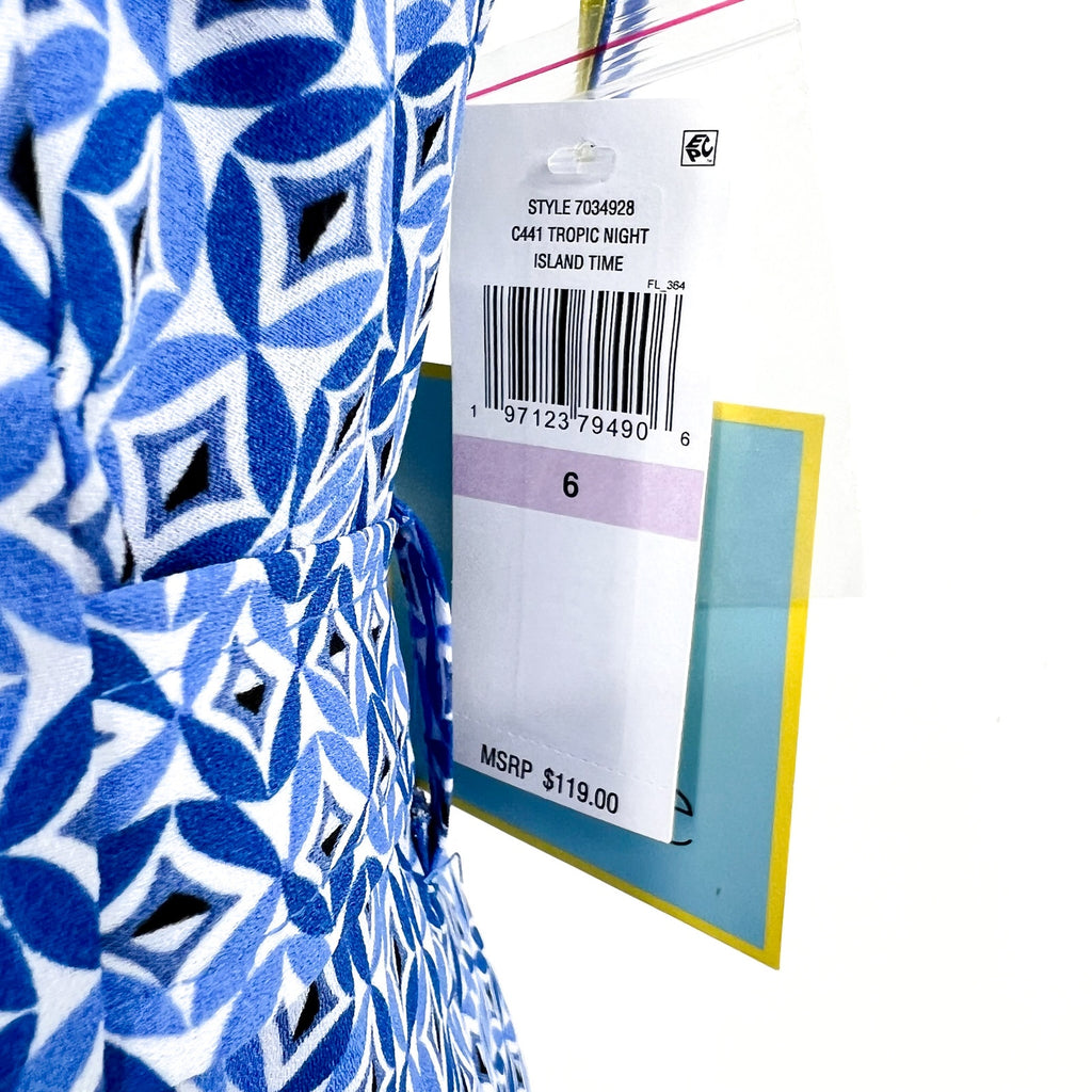 CECE Midi Shirt Dress Size 6 Blue Print Sleeveless V-Neck Belted Waist NWT