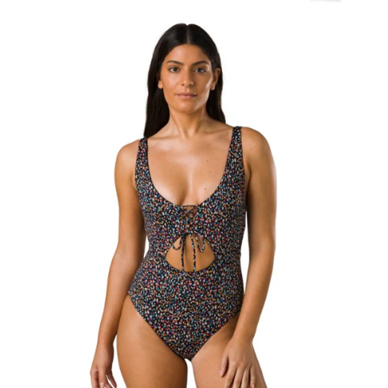 PRANA Women's Ruby Beach One-Piece Swimsuit Large Black Multi Alotta Dots NWT