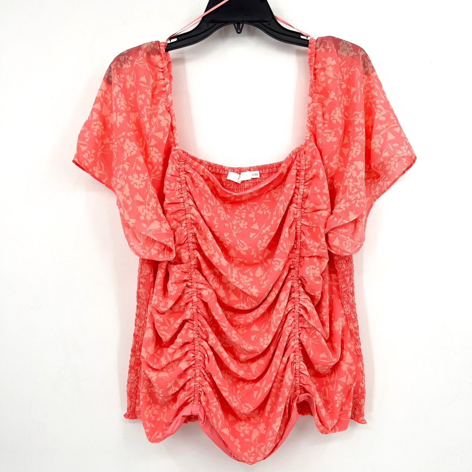 LUSH Women's Smocked Blouse 2X Pink Floral Ruched Flutter Sleeve NWT
