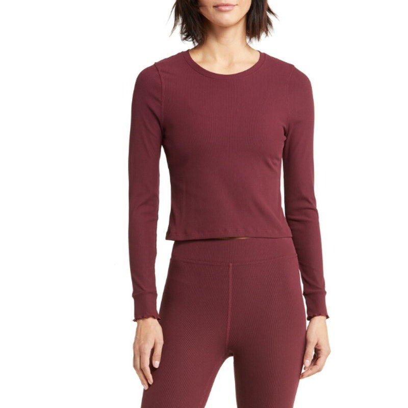 OUTDOOR VOICES Womens SuperForm Rib Crop Top XXS Red Shiraz Long Sleeve NWT