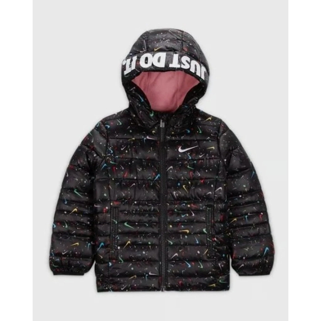 NIKE Girl's Just Do It Printed Puffer Jacket Size 6X Black Confetti NWOT