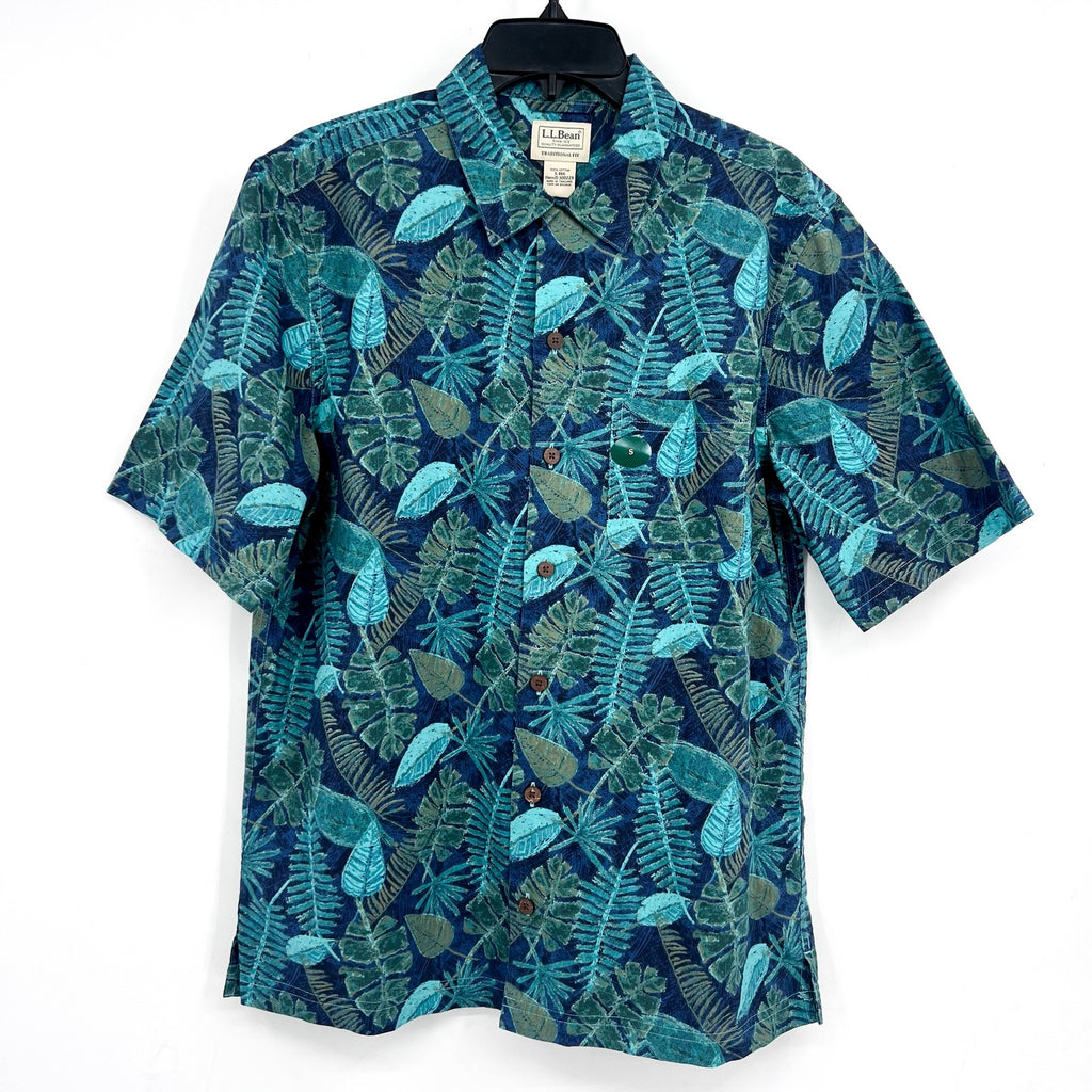 L.L BEAN Mens Tropics Print Short-Sleeve Casual Shirt Small Carbon Navy Blue NWT