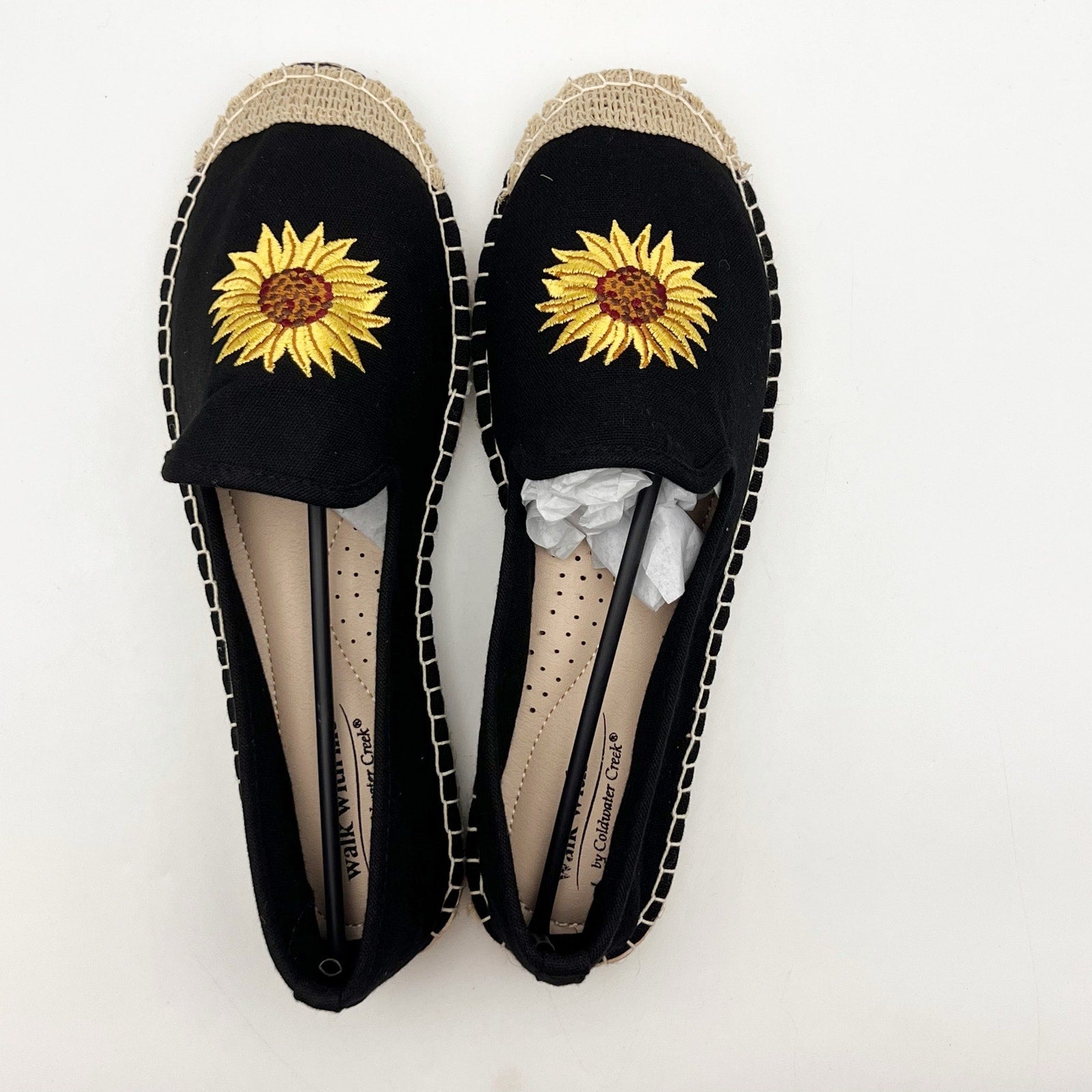 Coldwater Creek Womens Espadrille Flats 8.5 Wide Black Canvas Sunflower NIB