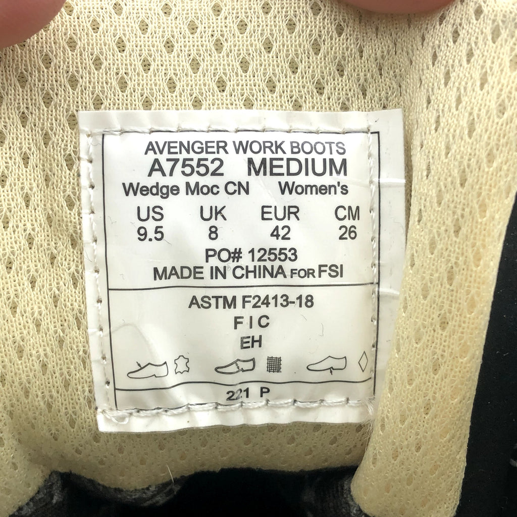 Avenger Womens 6" Moc Toe Work Boot Size 9.5 Black Comp Toe WP Wedge Sole NIB