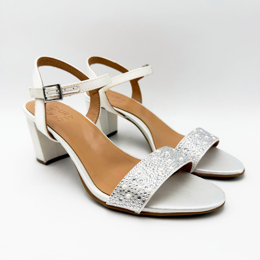 Naturalizer Womens Bristol Heeled Sandals Size 7 Pearl White Satin NWOB