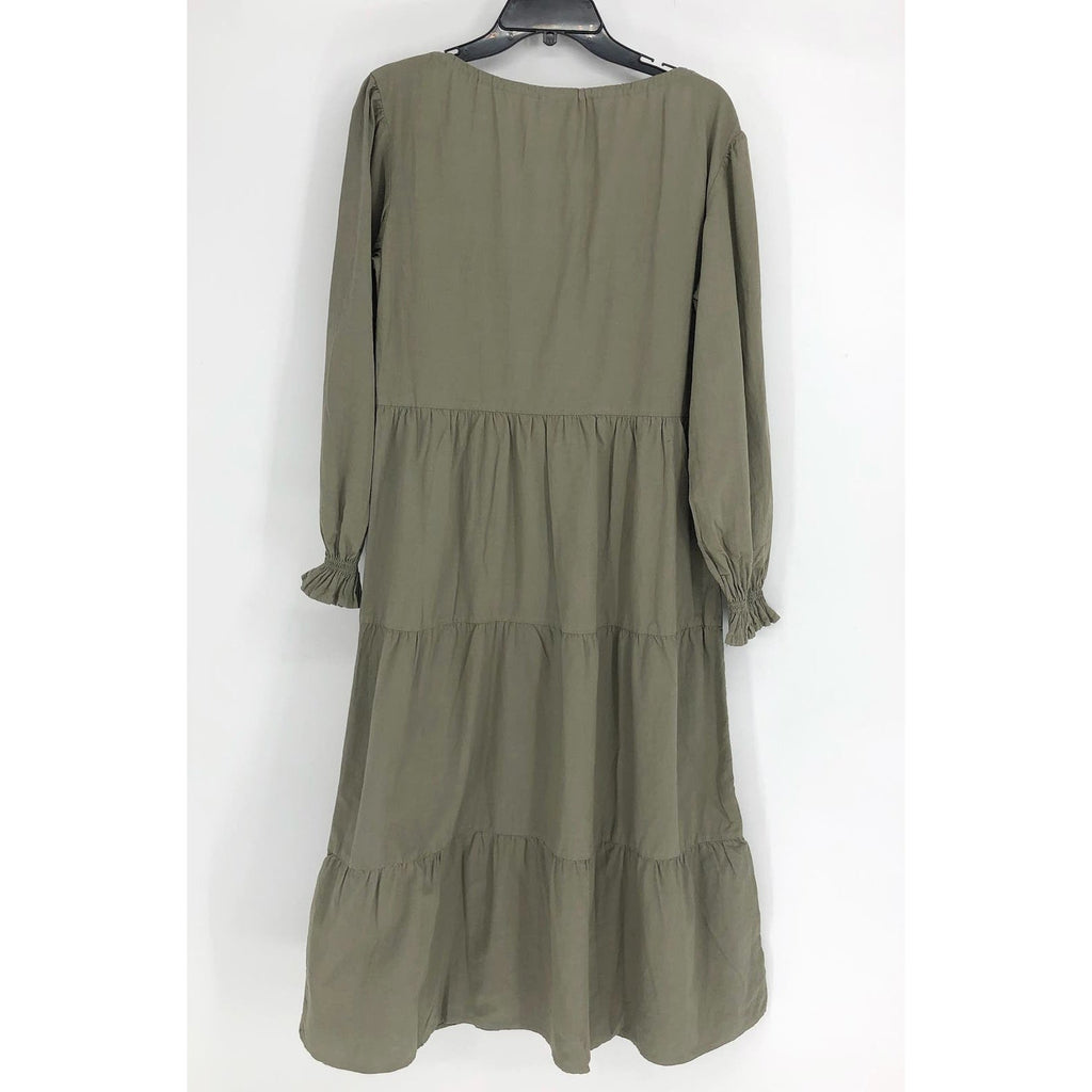 LACAUSA Women's Tate Tiered Midi Dress Medium Eucalyptus Green Long Sleeve NWT