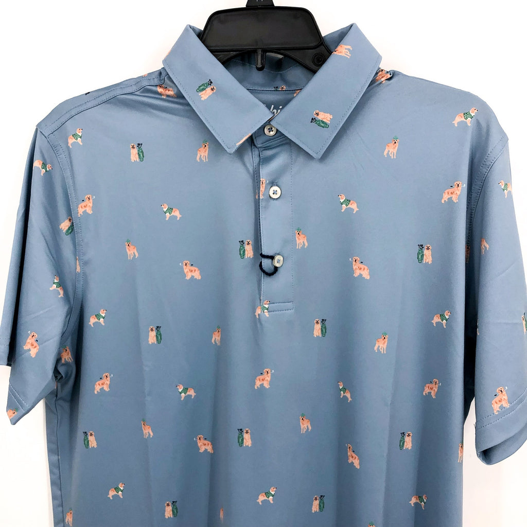 CHUBBIES Mens Performance Polo XL Light Blue Barkin' Up The Wrong Tree Print NWT