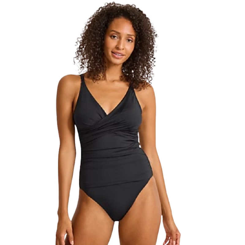 TOMMY BAHAMA Pearl V-Neck One Piece Swimsuit Size 6 Black Solid Cross Front NWT