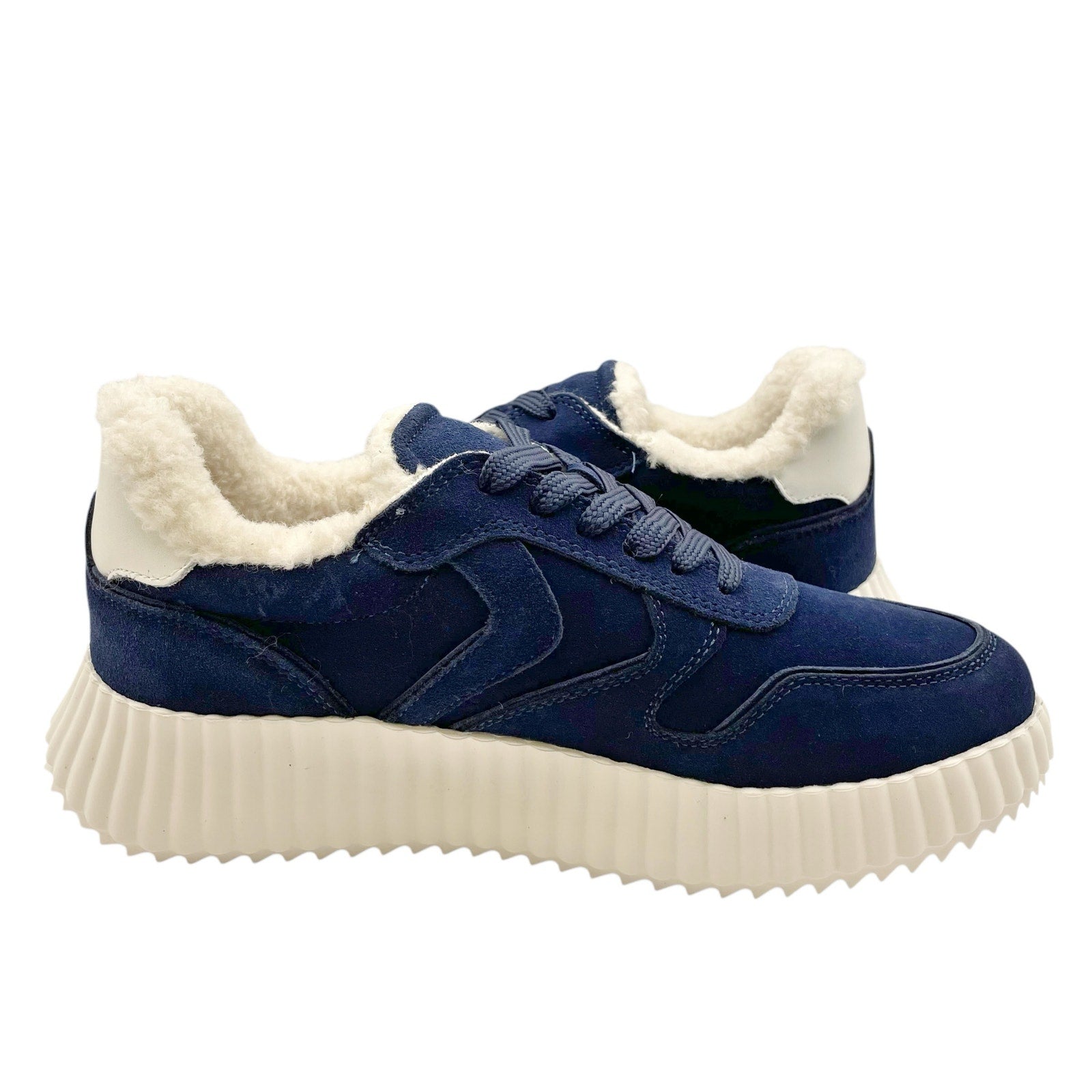 Steve Madden Womens Shereen-Fur Lined Sneakers US 7.5 EU 38 Navy Blue Suede NIB