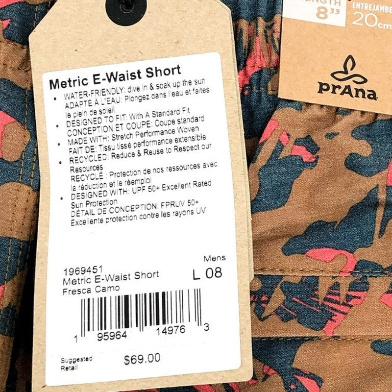 PRANA Men's Metric Board Short Large Brown Fresca Camo 8" Inseam NWT