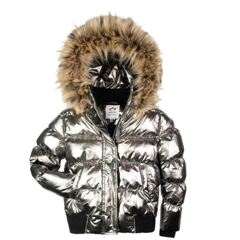 APPAMAN Girls Kyla Puffer Coat Size 14 Silver Lustrous Metallic Faux Fur NWT