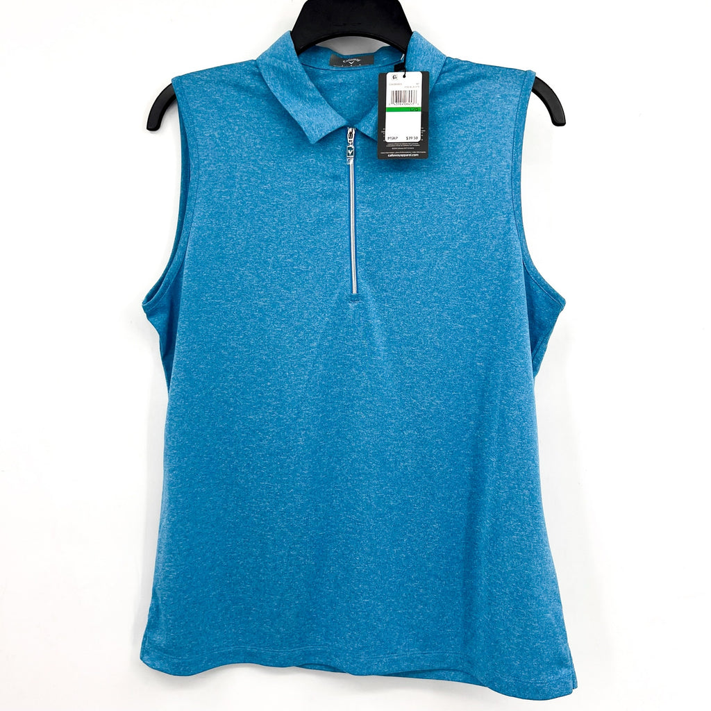 CALLAWAY Womens Polo Shirt Large Vivid Blue Heather 1/4 Zip Sleeveless NWT