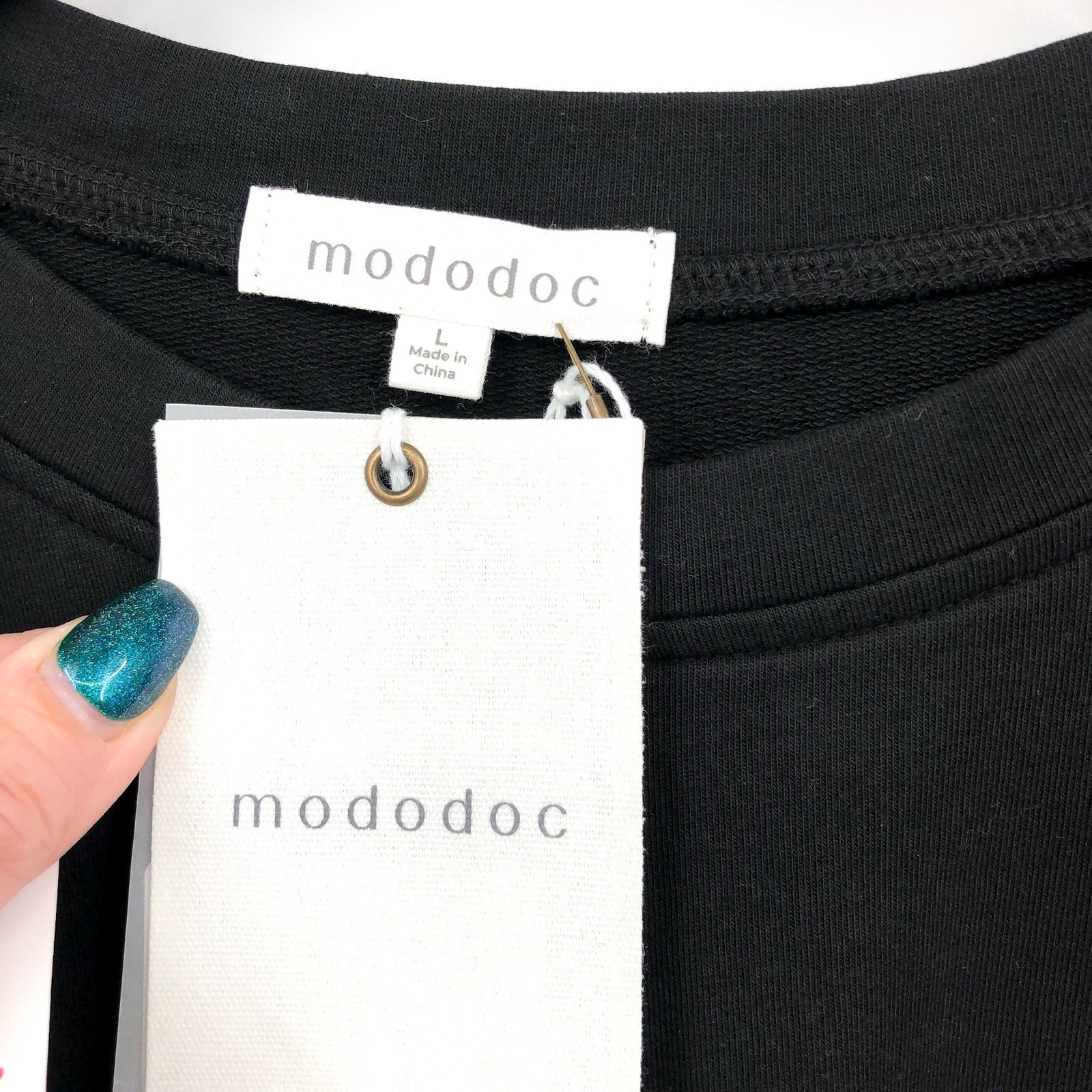 MODODOC Women's French Terry Crew Neck Top Large Black Puffed Long Sleeve NWT