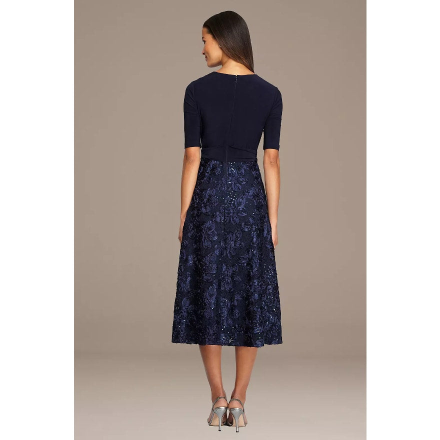 ALEX EVENINGS Womens Tea Length Soutache Dress Size 12 Petite Navy Blue Belt NWT