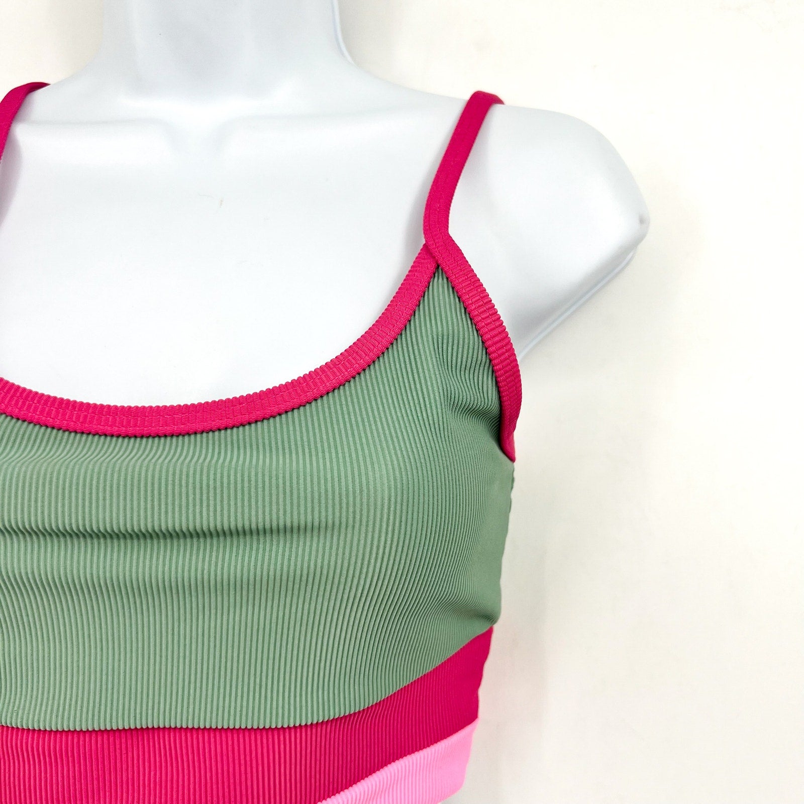 BEACH RIOT Women's Eva Bikini Top Medium Green Pink Sage Bloom Colorblock NWT