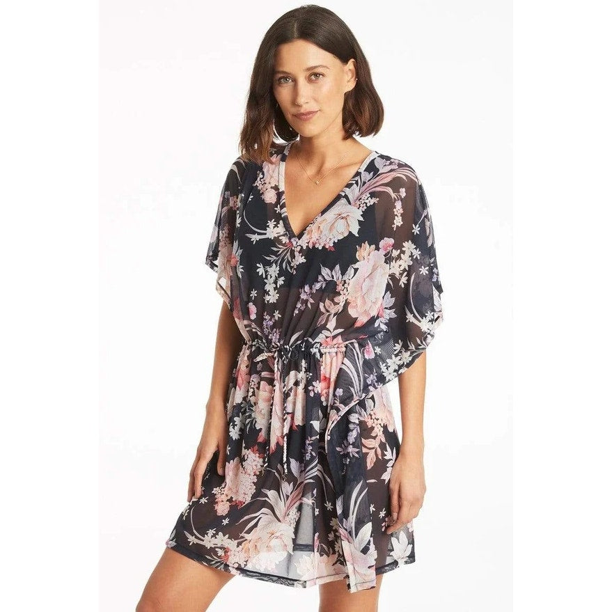 SEA LEVEL Women's Martini Mesh Kaftan Cover Up Small Black Multi Floral NWOT