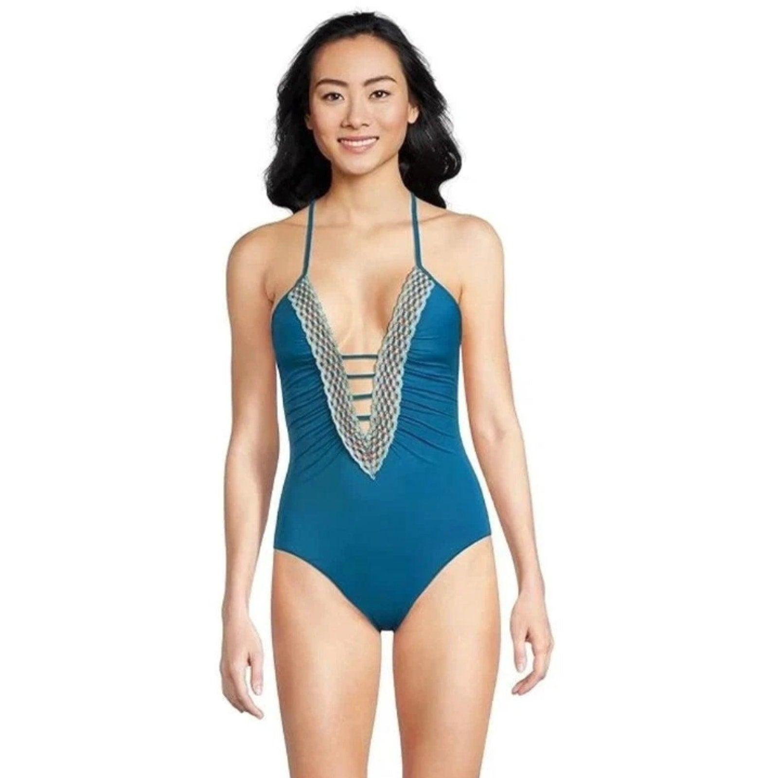 BECCA Women's Harmonia Clare Plunge One Piece Swimsuit Small Lagoon Blue NWT