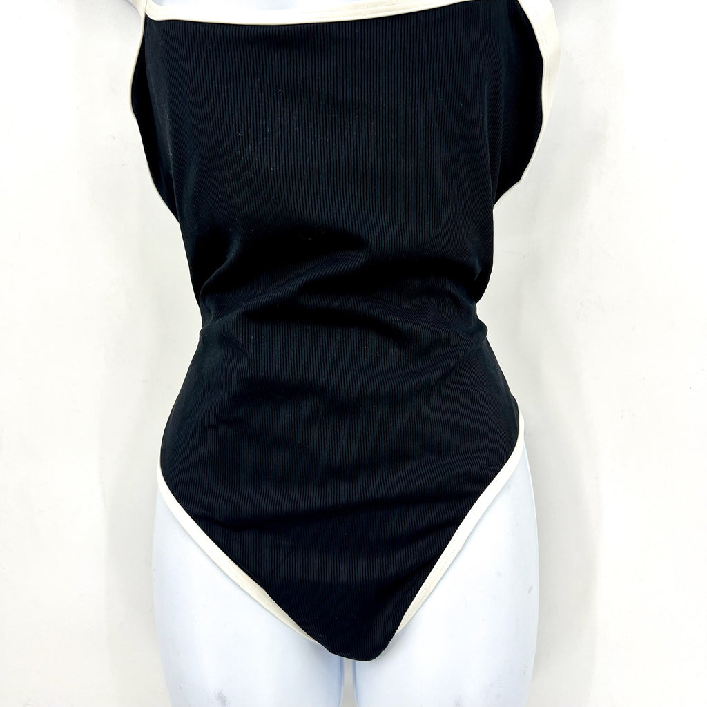 L*SPACE Women's Ribbed Baewatch One Piece Swimsuit Small Black Cream NWT