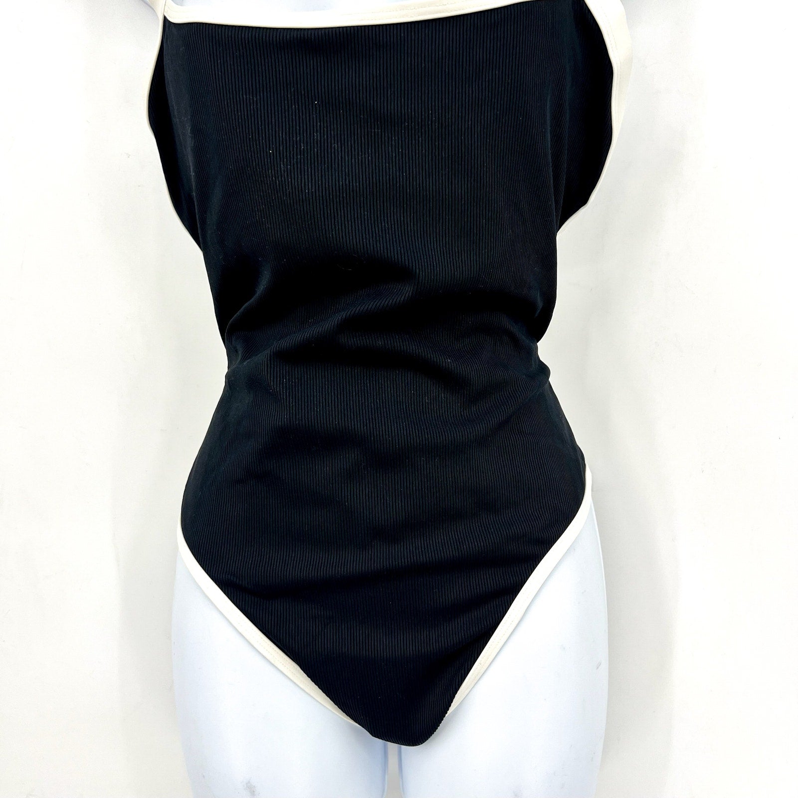 L*SPACE Women's Ribbed Baewatch One Piece Swimsuit Small Black Cream NWT