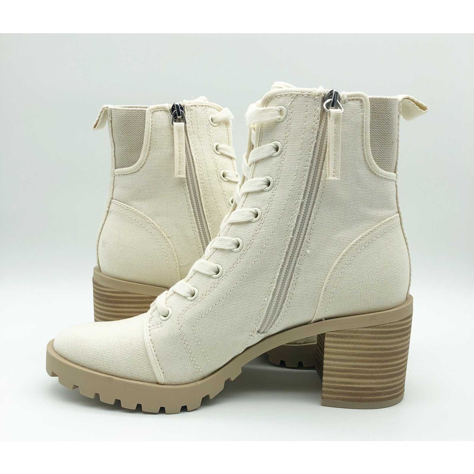 Dolce Vita Womens Combat Boots Size 10 Stacked Heel Off White Canvas NWOB