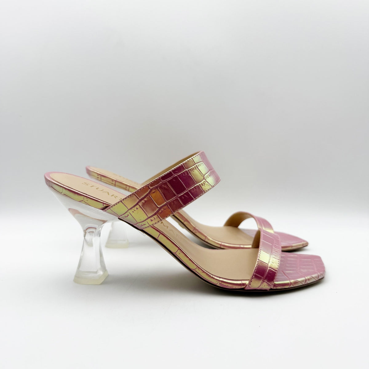 Stuart Weitzman Kristal Heeled Sandals Size 9 M Pink Iridescent Leather NIB