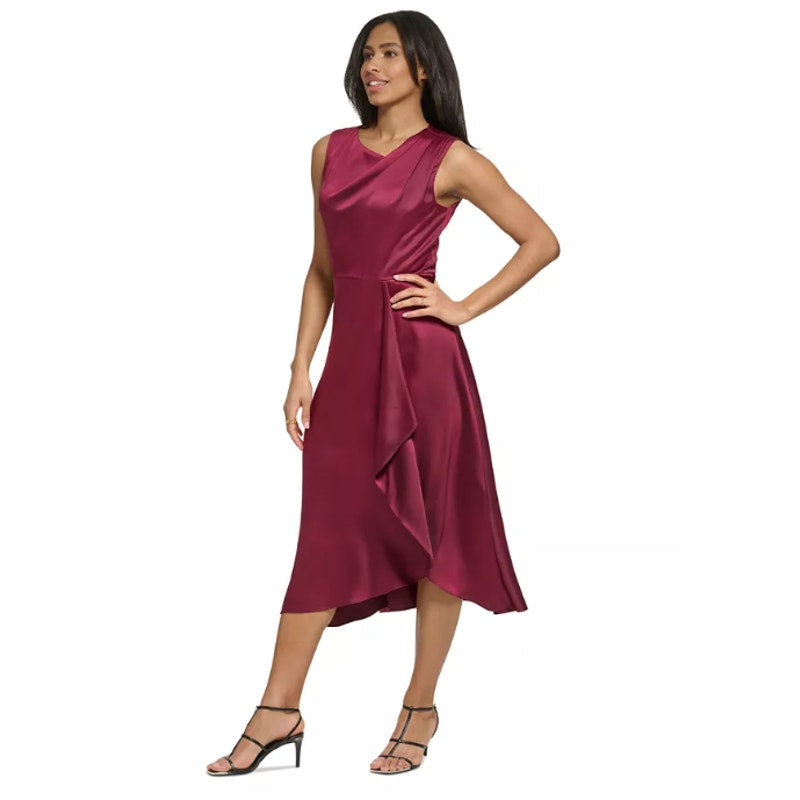 DKNY Women's Sleeveless Faux Wrap Midi Dress Size 6 Red Maroon Draped NWT