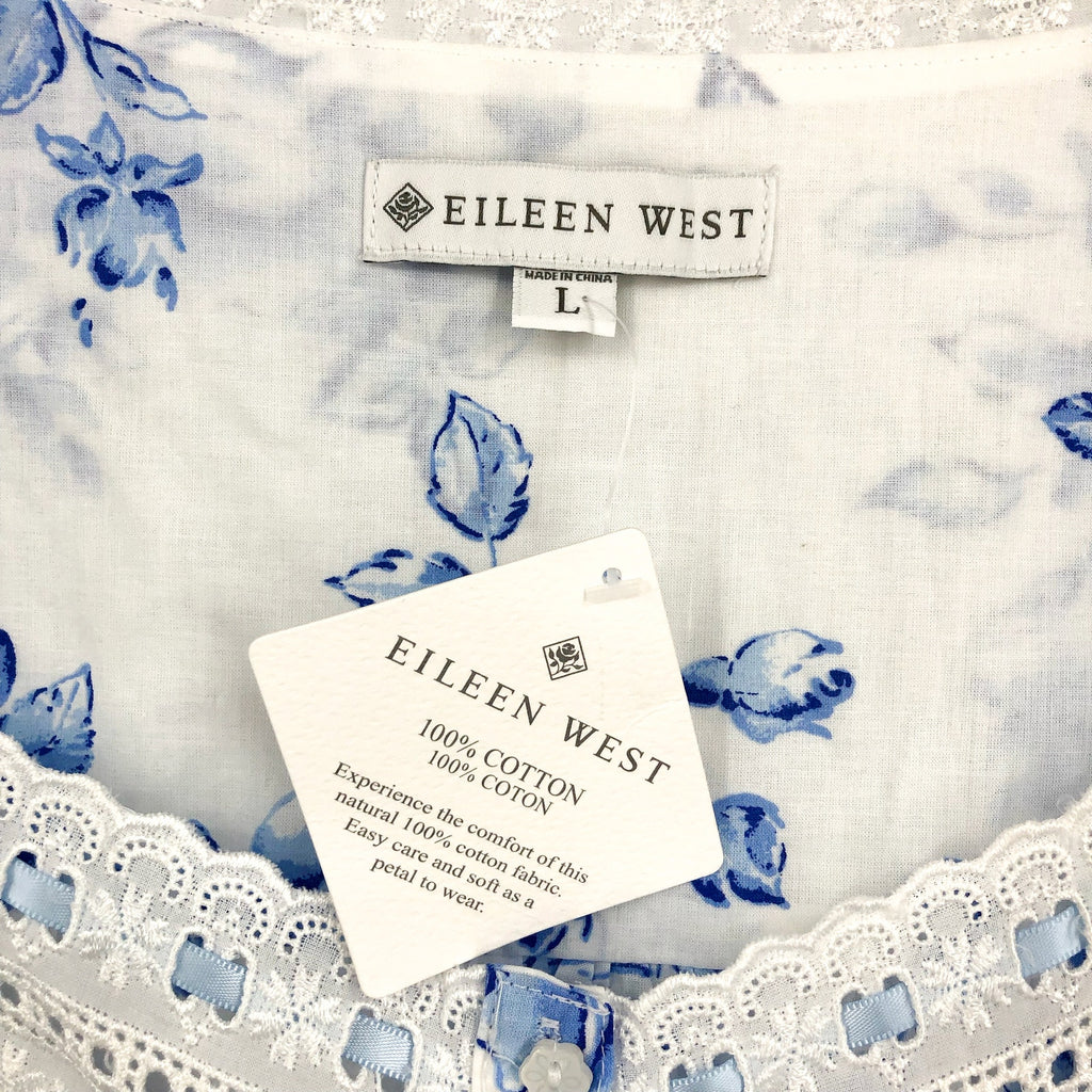EILEEN WEST Short Nightgown Large Blue White Floral Long Sleeve Cotton Knit NWT