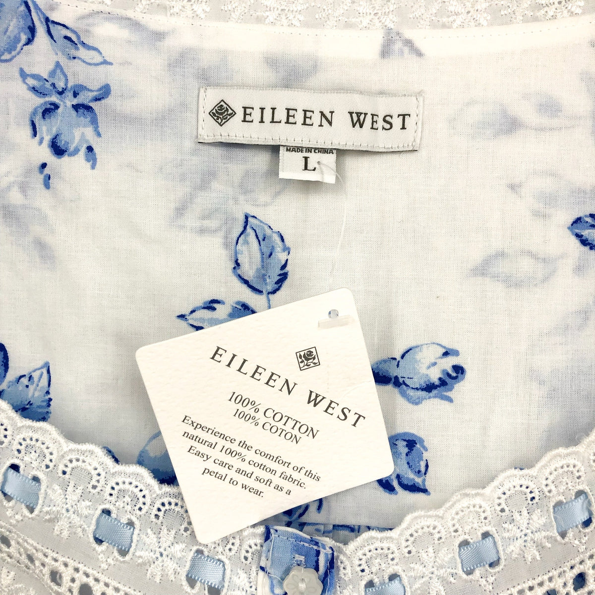 EILEEN WEST Short Nightgown Large Blue White Floral Long Sleeve Cotton Knit NWT