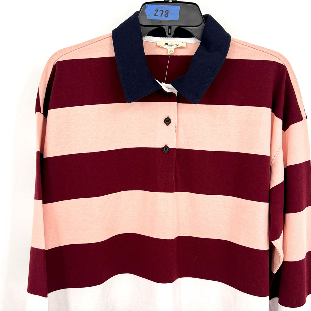 MADEWELL Women's Rugby Long-Sleeve Polo Shirt Medium Stripe Red Pink NT720 NWT