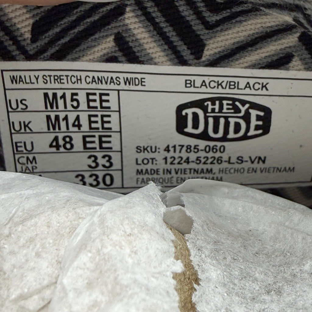Hey Dude Mens Wallly Stretch Shoes US 15 Wide EU 48 Black Canvas Slip On NIB