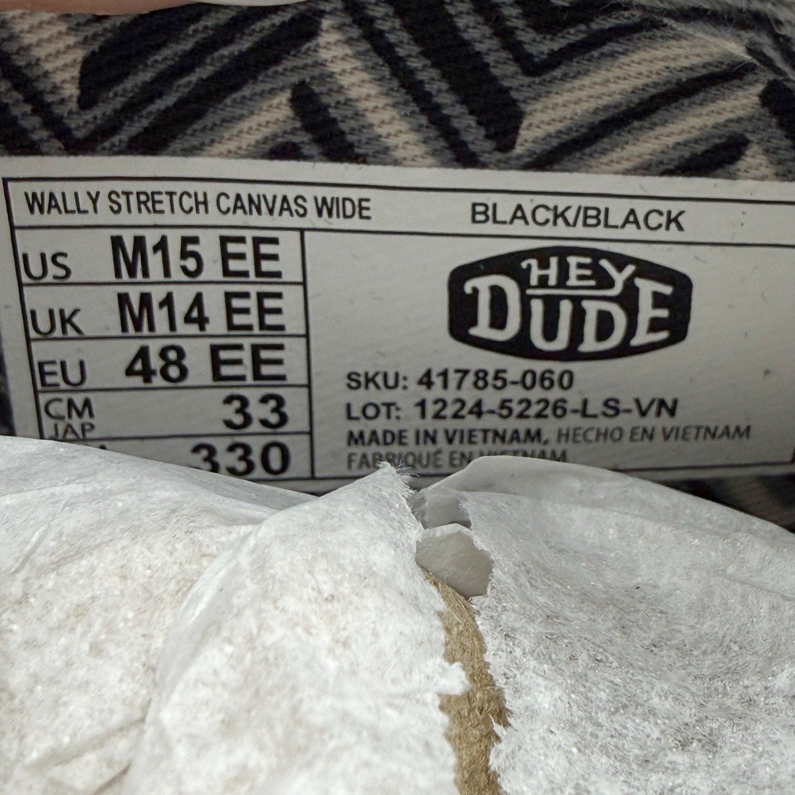 Hey Dude Mens Wallly Stretch Shoes US 15 Wide EU 48 Black Canvas Slip On NIB