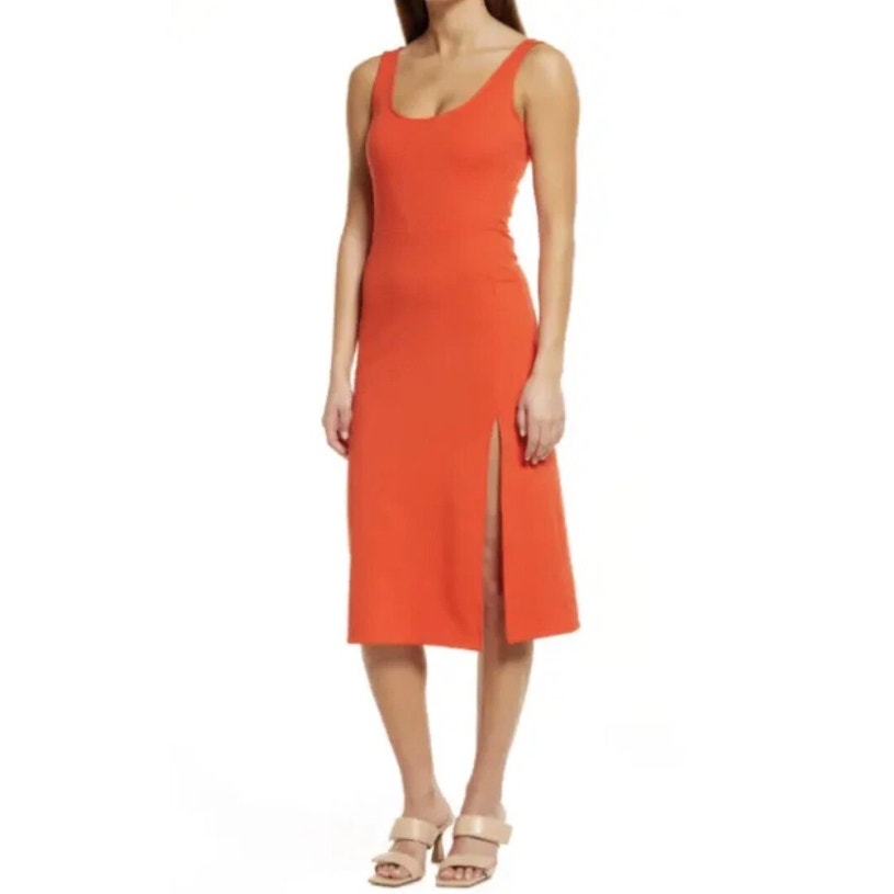 OPEN EDIT Women's Scoop Neck Midi Tank Dress XS Orange Sleeveless Bodycon NWT