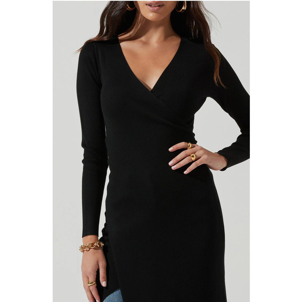 ASTR The Label Cross Front Slit Long Sweater Dress Large Black Knit VNeck NWT