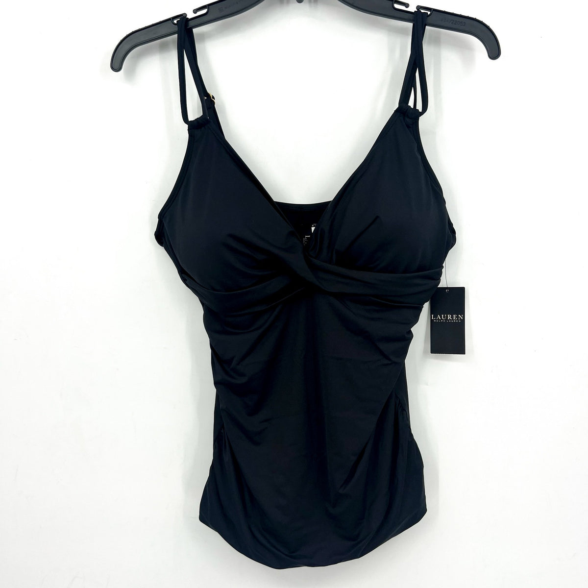 LAUREN RALPH LAUREN Double Strap Twist Tankini Top Size 12 Black Underwire NWT